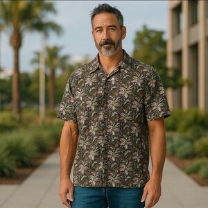 Tommy Bahama Silk Blend Toucan Bird Tropical Short Sleeve Button Down Shirt